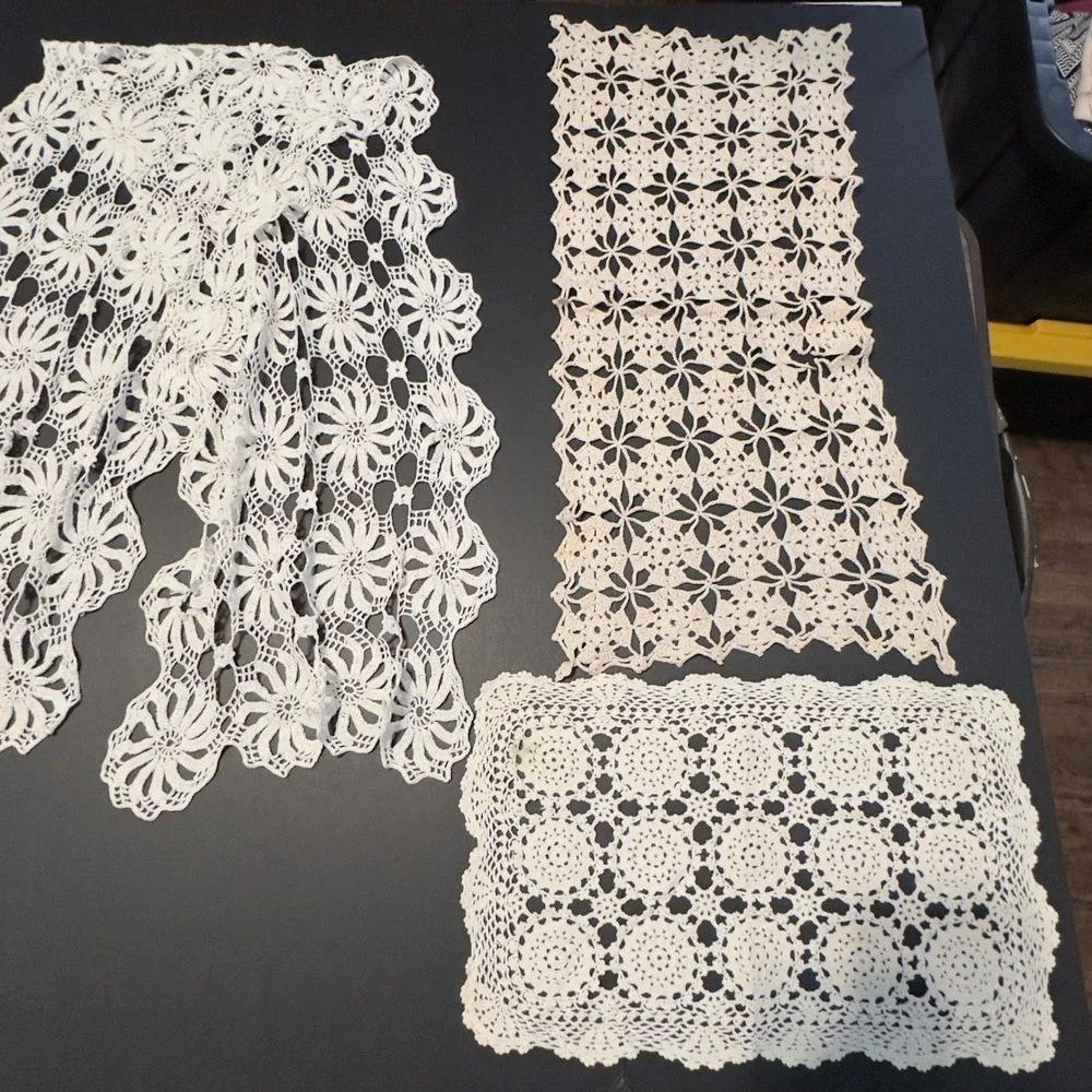 Vintage Crochet Doilies Table Runners White Cream Lace Lot 6pc Cottagecore Chic